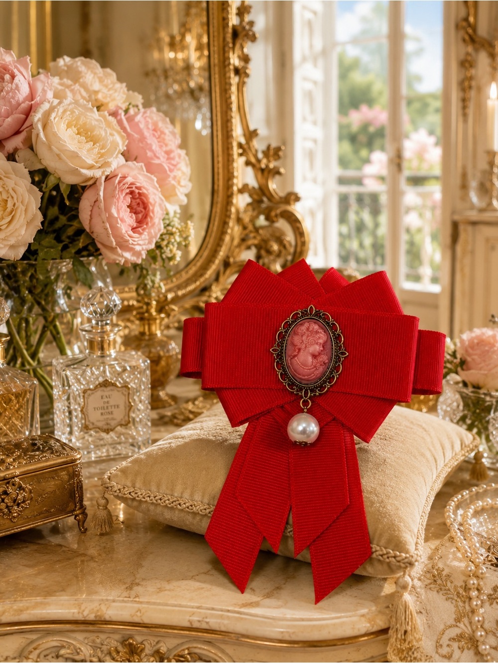 Vintage Victorian-Inspired Elegant Red Ribbon Brooch with Cameo and Pearl Accent - Picture 2 of 10